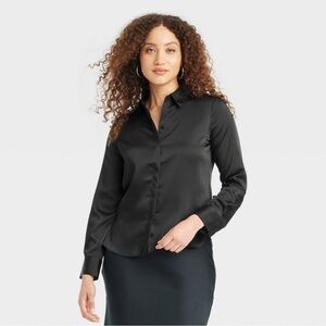 Women’s Long Sleeve Button-Down Satin Shirt - A New Day Black L